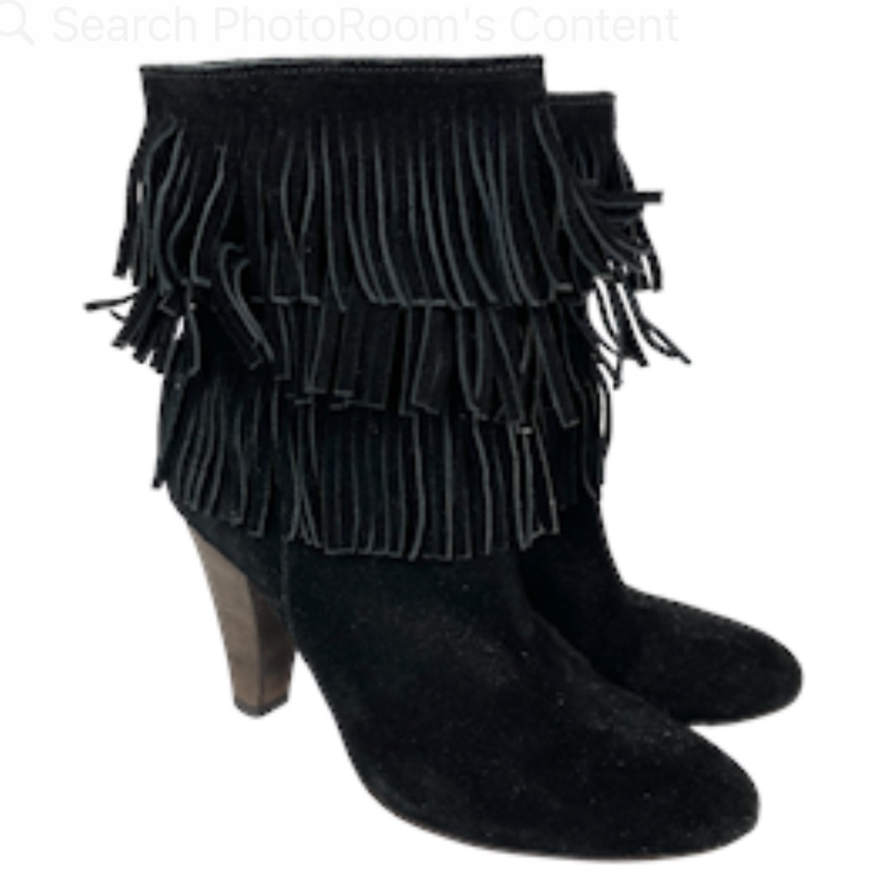 JOIE Black Suede Fringe Mid Calf Boho Heeled Boots Size 40